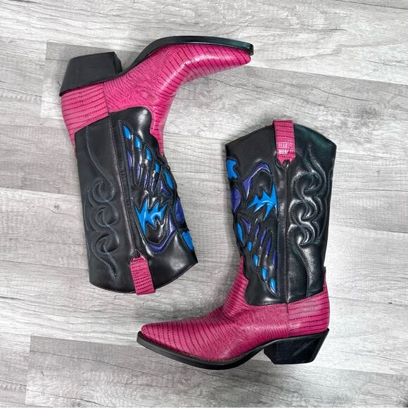 Vintage Shoes - Vintage 90s Pink Black Blue Cowgirl Cowboy Western Boots Leather Size 6